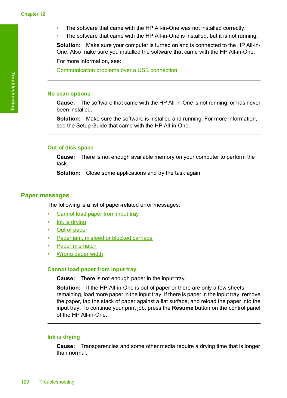 Paper messages, No scan options, Out of disk space | HP Deskjet F4185 All-in-One Printer User Manual | Page 122 / 140