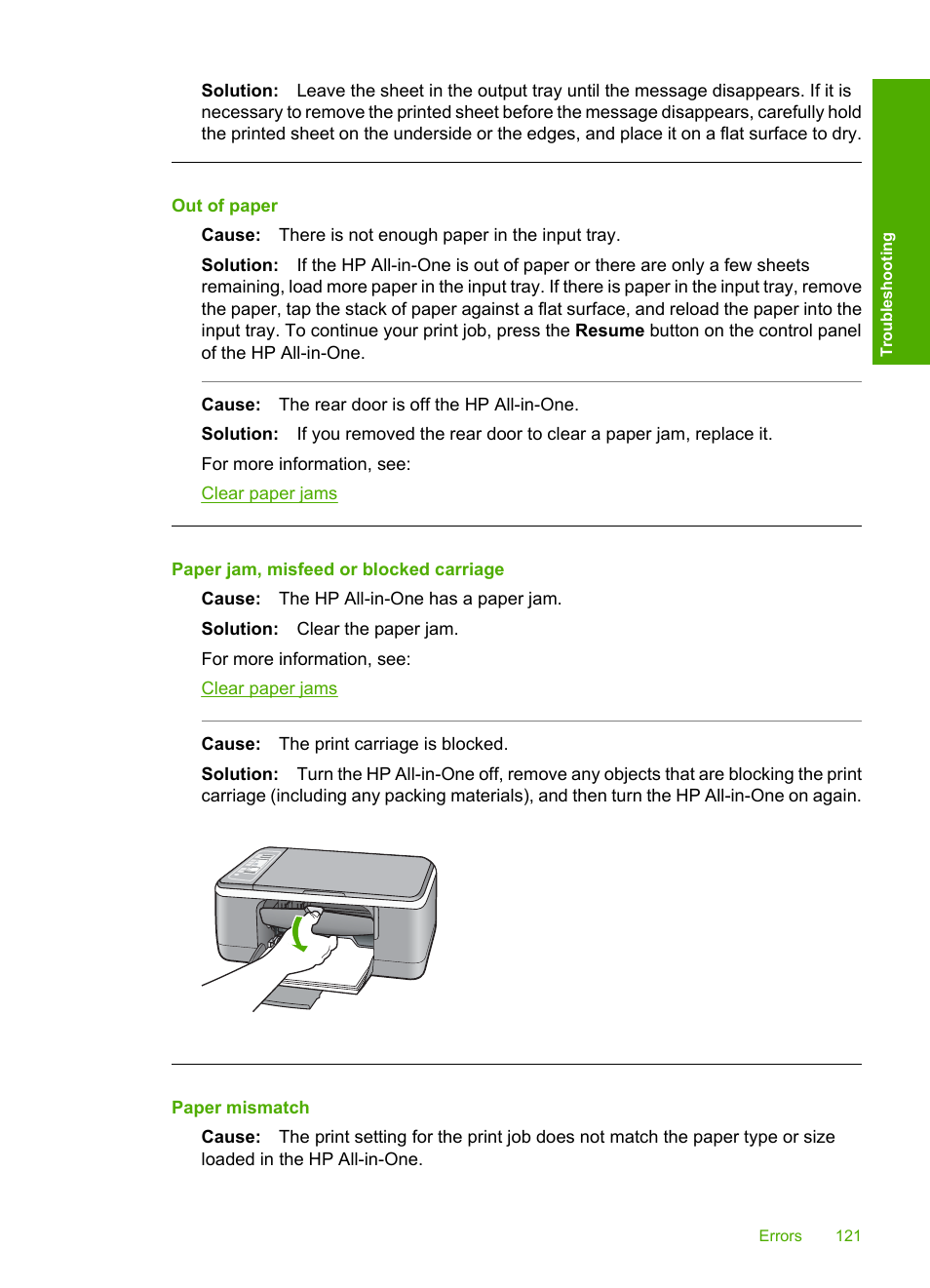 Out of paper, Paper jam, misfeed or blocked carriage, Paper mismatch | HP Deskjet F4185 All-in-One Printer User Manual | Page 123 / 140