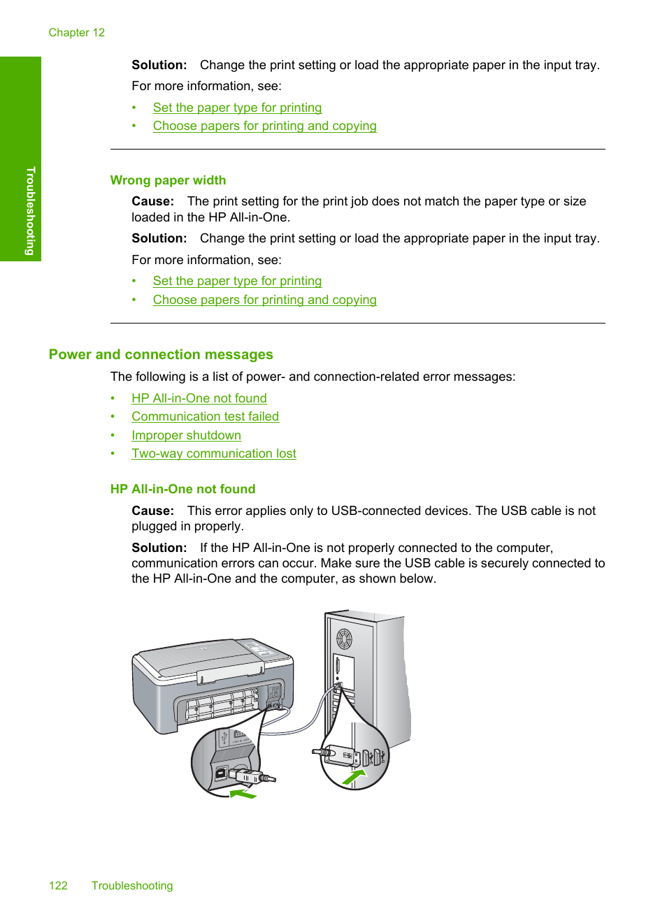 Power and connection messages, Wrong paper width | HP Deskjet F4185 All-in-One Printer User Manual | Page 124 / 140