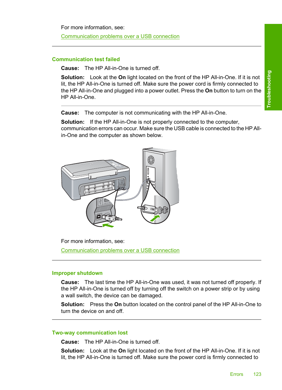 Communication test failed, Improper shutdown, Two-way communication lost | HP Deskjet F4185 All-in-One Printer User Manual | Page 125 / 140