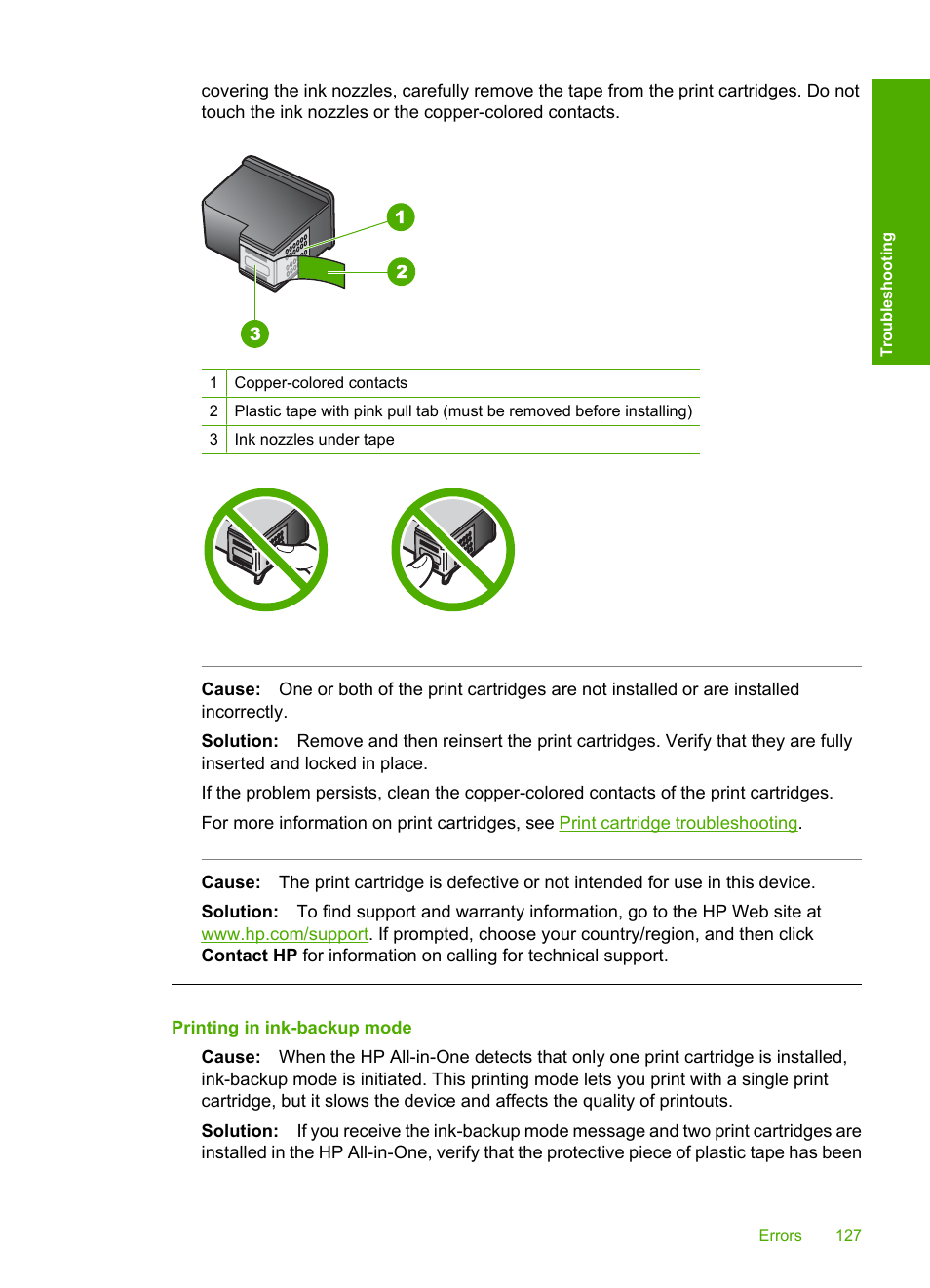 Printing in ink-backup mode | HP Deskjet F4185 All-in-One Printer User Manual | Page 129 / 140