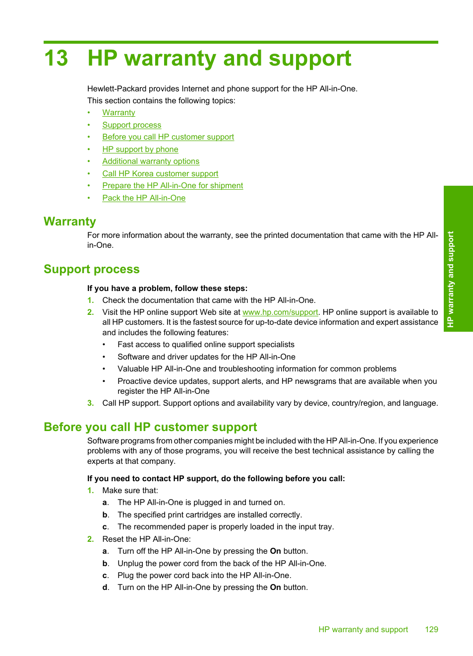 Hp warranty and support, Warranty, Support process | Before you call hp customer support, 13 hp warranty and support | HP Deskjet F4185 All-in-One Printer User Manual | Page 131 / 140