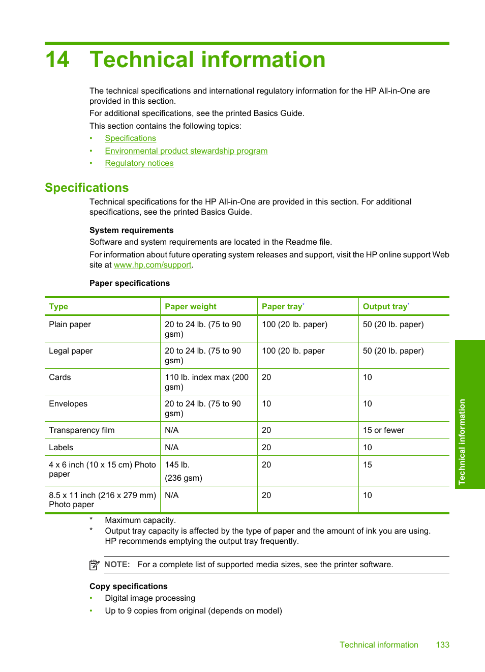 Technical information, Specifications, 14 technical information | HP Deskjet F4185 All-in-One Printer User Manual | Page 135 / 140