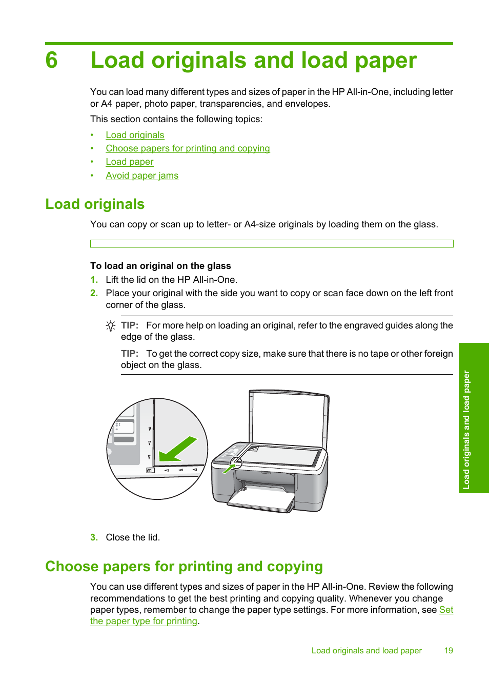 Load originals and load paper, Load originals, Choose papers for printing and copying | 6 load originals and load paper, 6load originals and load paper | HP Deskjet F4185 All-in-One Printer User Manual | Page 21 / 140