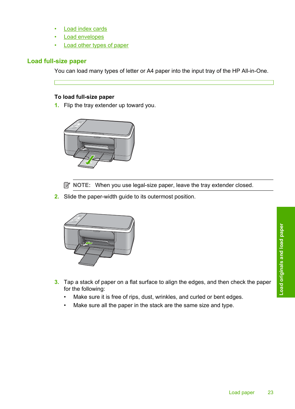 Load full-size paper | HP Deskjet F4185 All-in-One Printer User Manual | Page 25 / 140