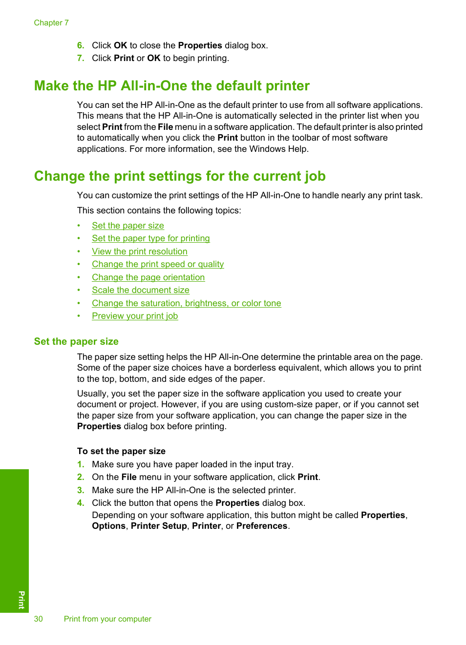 Make the hp all-in-one the default printer, Change the print settings for the current job, Set the paper size | How do i change the print settings | HP Deskjet F4185 All-in-One Printer User Manual | Page 32 / 140