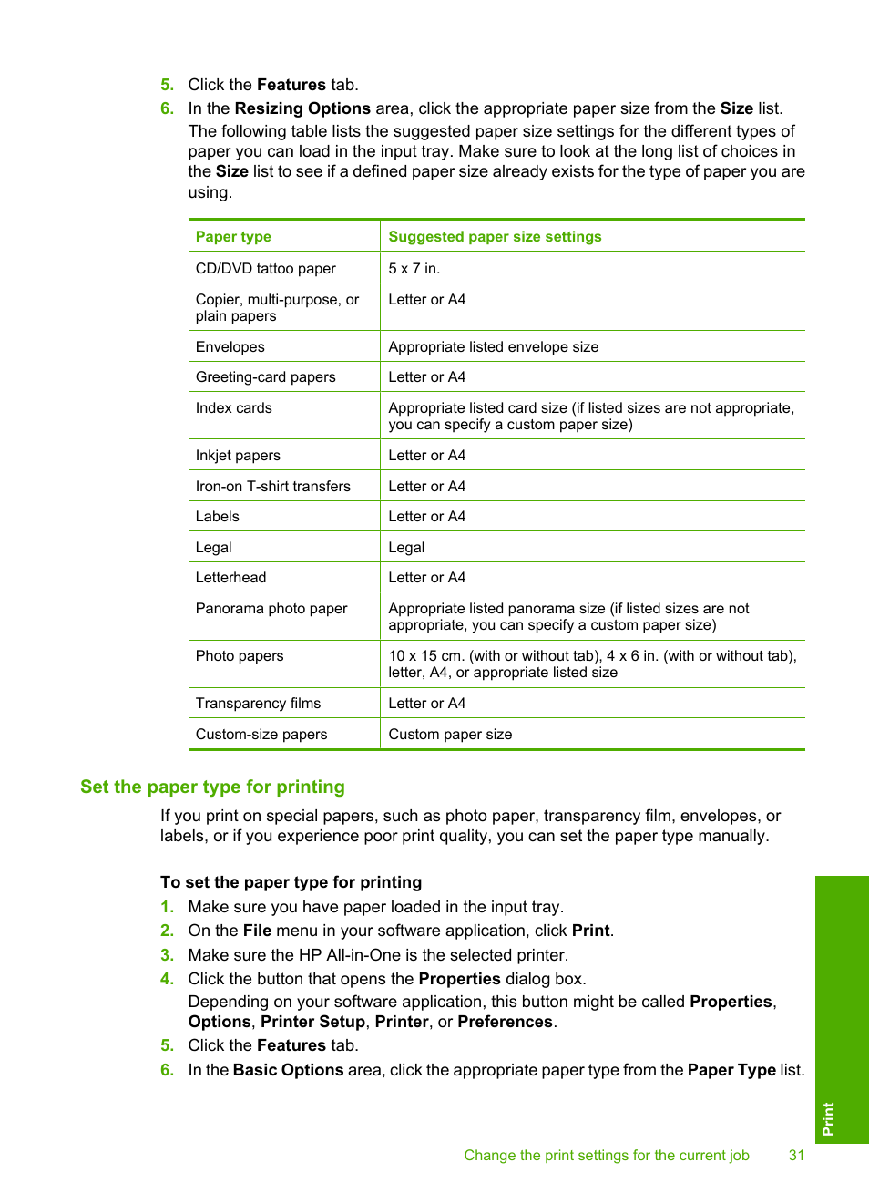 Set the paper type for printing, The paper type for printing | HP Deskjet F4185 All-in-One Printer User Manual | Page 33 / 140