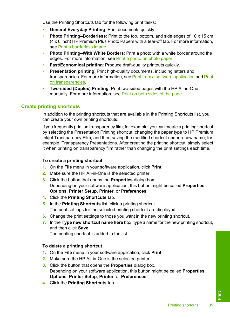 Create printing shortcuts | HP Deskjet F4185 All-in-One Printer User Manual | Page 37 / 140