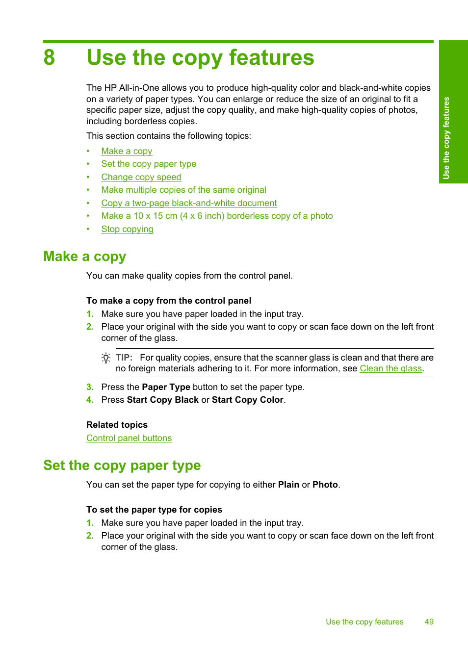 Use the copy features, Make a copy, Set the copy paper type | 8 use the copy features, Make a copy set the copy paper type, 8use the copy features | HP Deskjet F4185 All-in-One Printer User Manual | Page 51 / 140