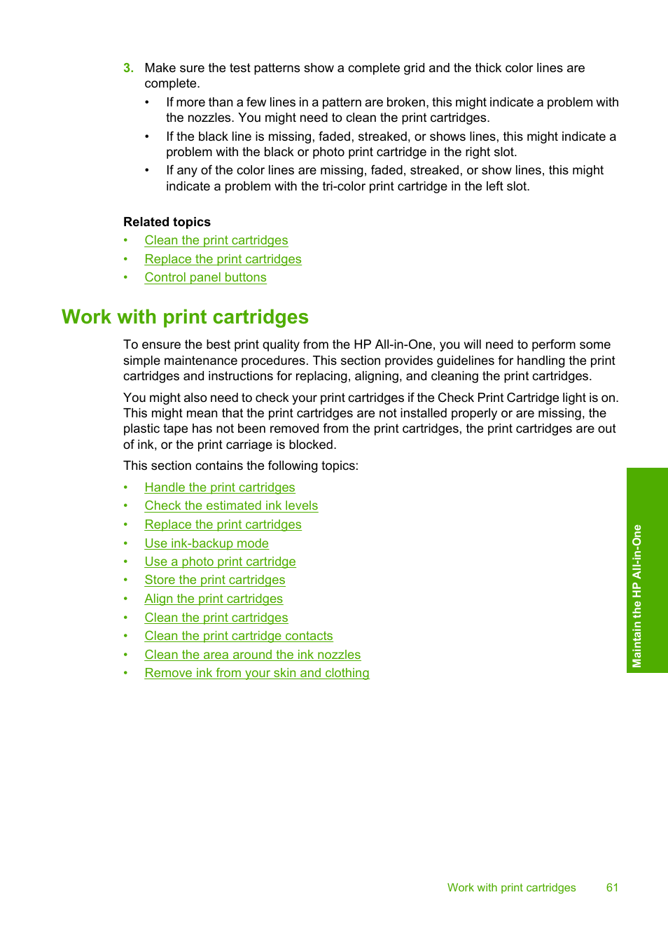 Work with print cartridges, Ink-backup mode output exit ink-backup mode | HP Deskjet F4185 All-in-One Printer User Manual | Page 63 / 140