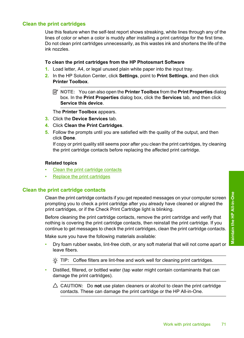 Clean the print cartridges, Clean the print cartridge contacts | HP Deskjet F4185 All-in-One Printer User Manual | Page 73 / 140
