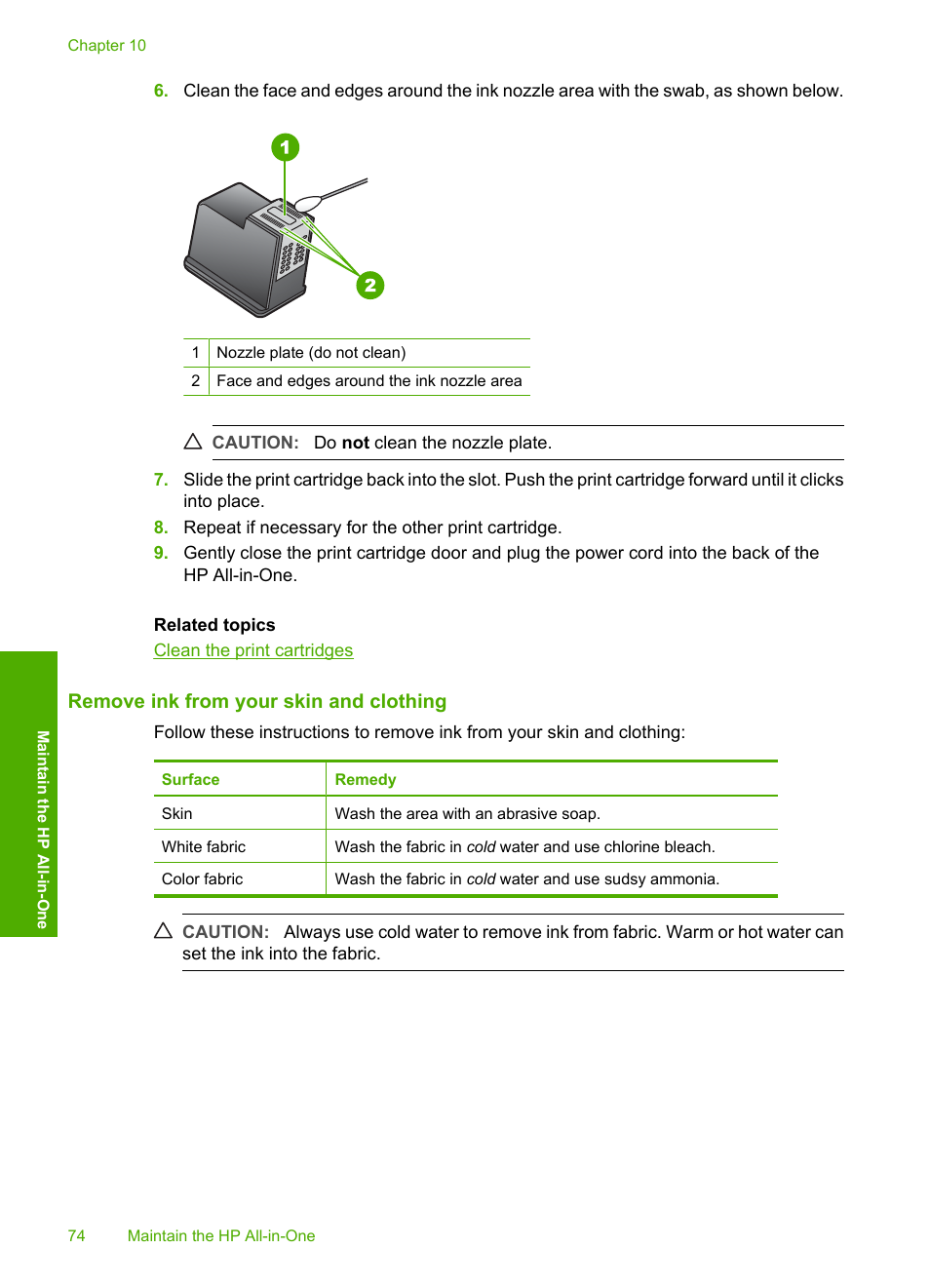 Remove ink from your skin and clothing | HP Deskjet F4185 All-in-One Printer User Manual | Page 76 / 140