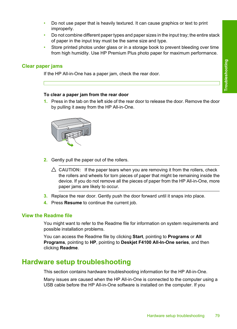 Clear paper jams, View the readme file, Hardware setup troubleshooting | How do i clear a paper jam | HP Deskjet F4185 All-in-One Printer User Manual | Page 81 / 140