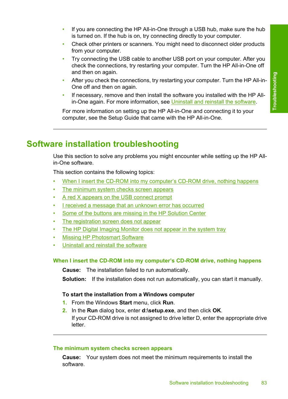 Software installation troubleshooting, Uninstall and reinstall the software | HP Deskjet F4185 All-in-One Printer User Manual | Page 85 / 140
