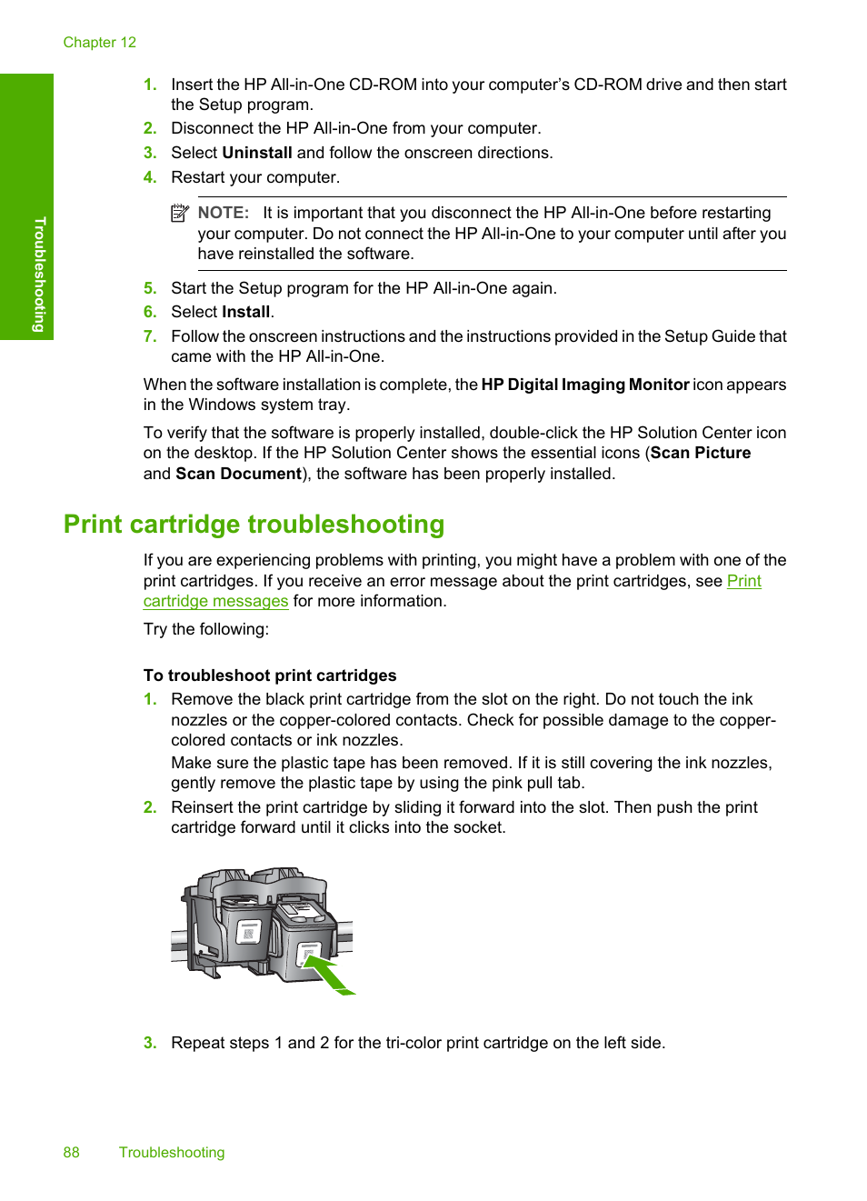 Print cartridge troubleshooting, Information on print cartridges | HP Deskjet F4185 All-in-One Printer User Manual | Page 90 / 140