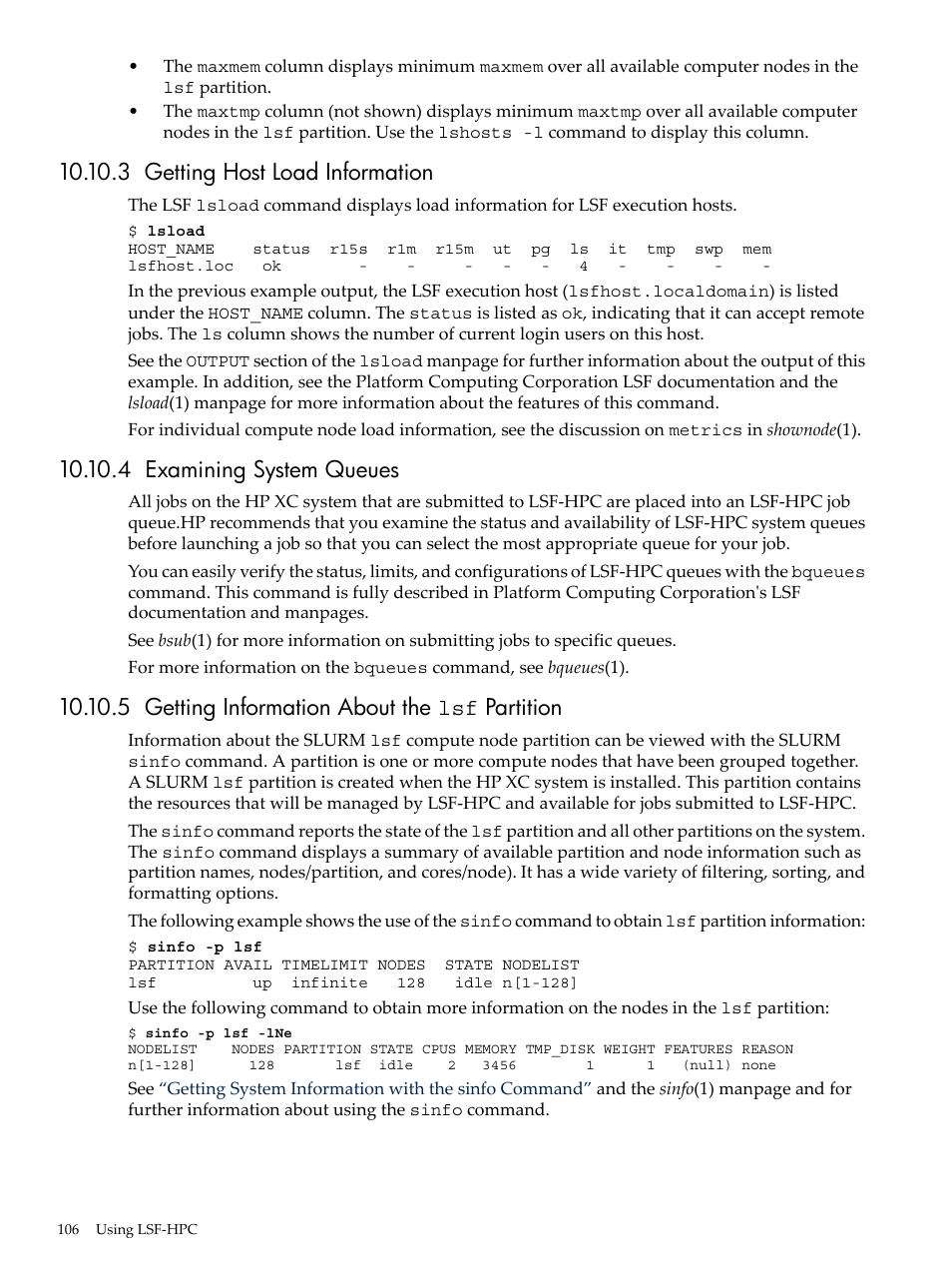 3 getting host load information, 4 examining system queues, 5 getting information about the lsf partition | Examining, Getting | HP XC System 3.x Software User Manual | Page 106 / 145