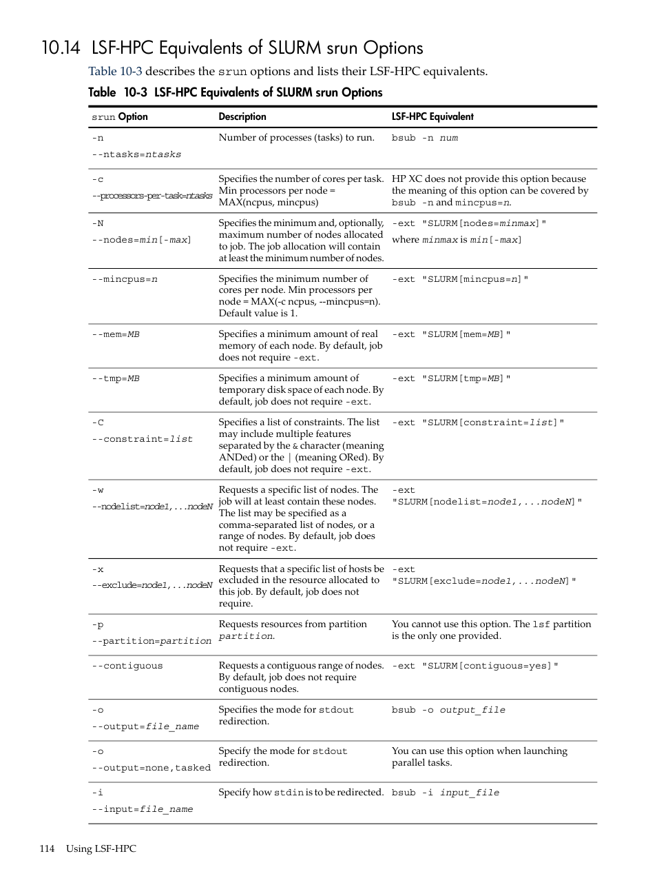 14 lsf-hpc equivalents of slurm srun options, Lsf-hpc equivalents of slurm srun options | HP XC System 3.x Software User Manual | Page 114 / 145