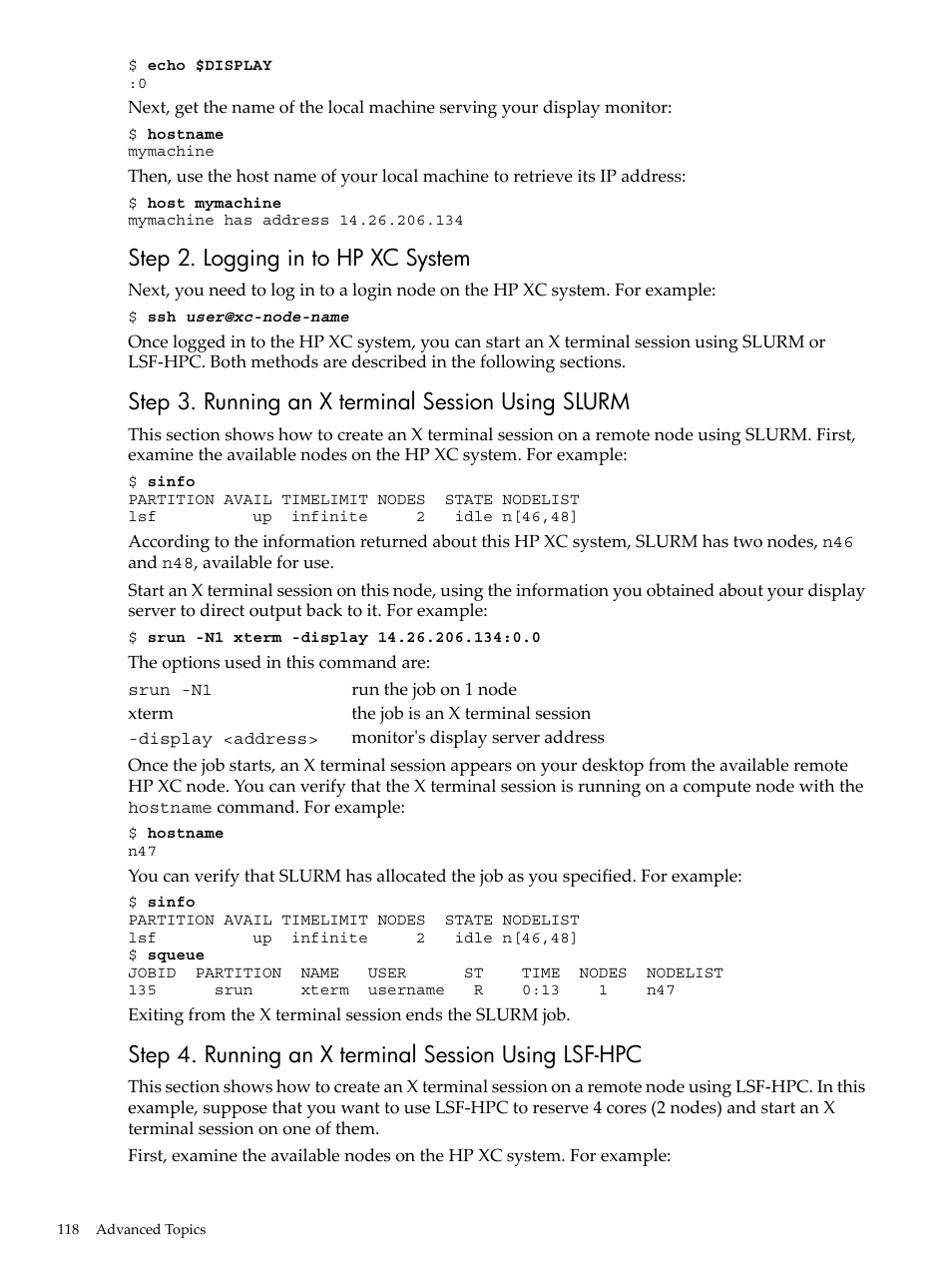 Step 2. logging in to hp xc system, Step 3. running an x terminal session using slurm | HP XC System 3.x Software User Manual | Page 118 / 145