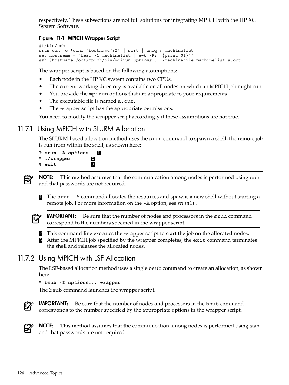 1 using mpich with slurm allocation, 2 using mpich with lsf allocation, Mpich wrapper script | Figure 11-1 | HP XC System 3.x Software User Manual | Page 124 / 145