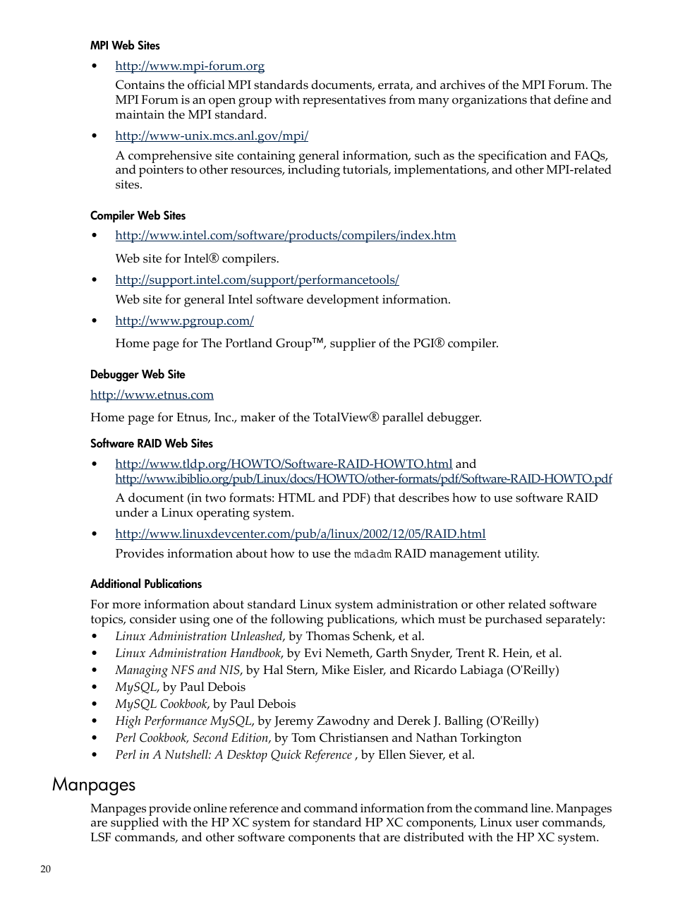 Manpages | HP XC System 3.x Software User Manual | Page 20 / 145