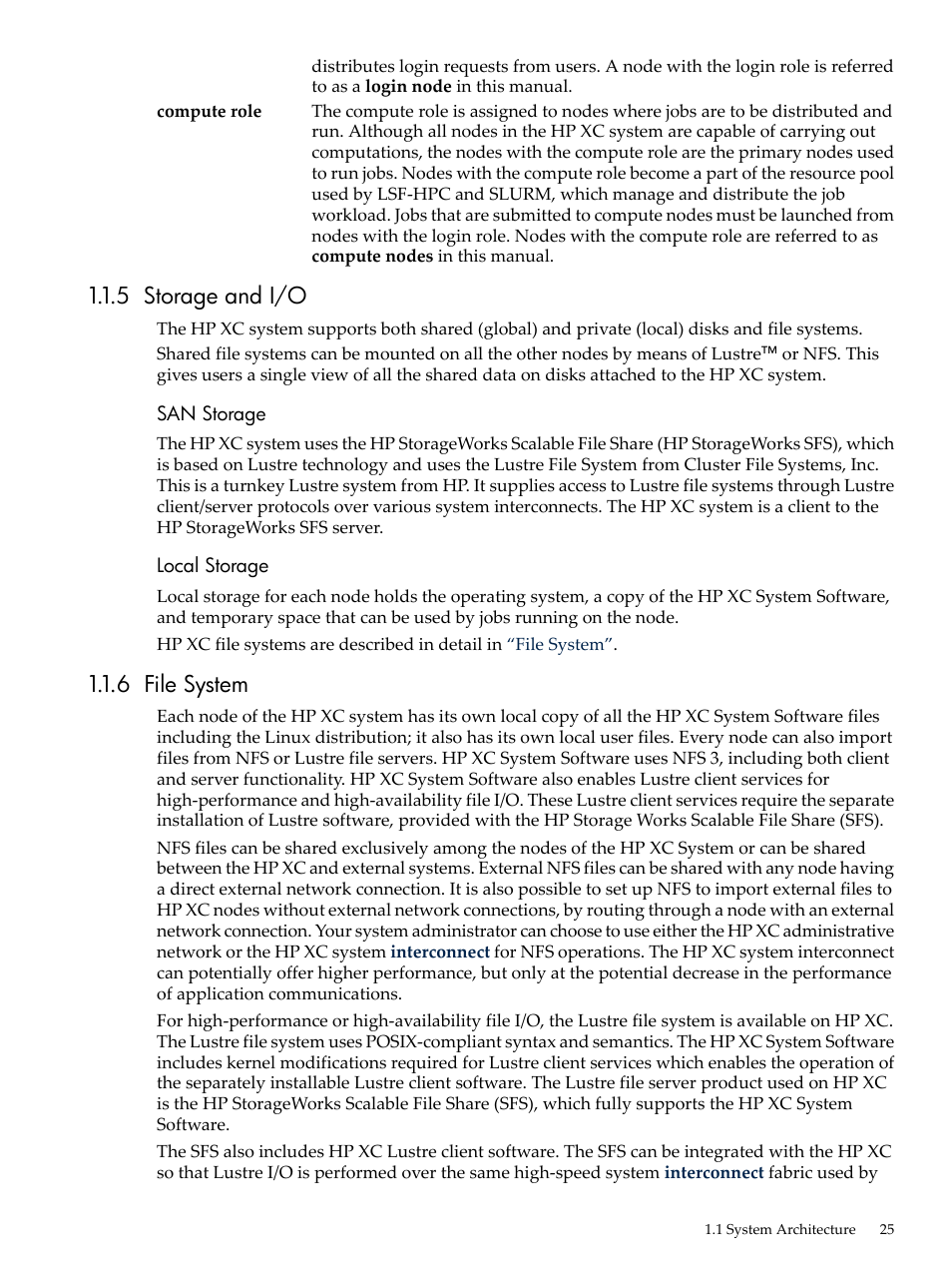 5 storage and i/o, 6 file system, 5 storage and i/o 1.1.6 file system | HP XC System 3.x Software User Manual | Page 25 / 145