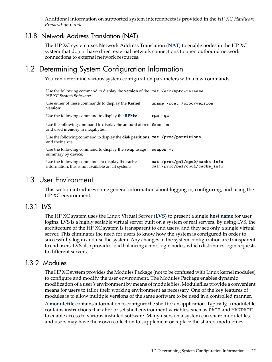 8 network address translation (nat), 2 determining system configuration information, 3 user environment | 1 lvs, 2 modules, 1 lvs 1.3.2 modules | HP XC System 3.x Software User Manual | Page 27 / 145