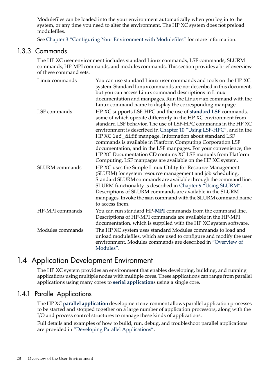 3 commands, 4 application development environment, 1 parallel applications | HP XC System 3.x Software User Manual | Page 28 / 145