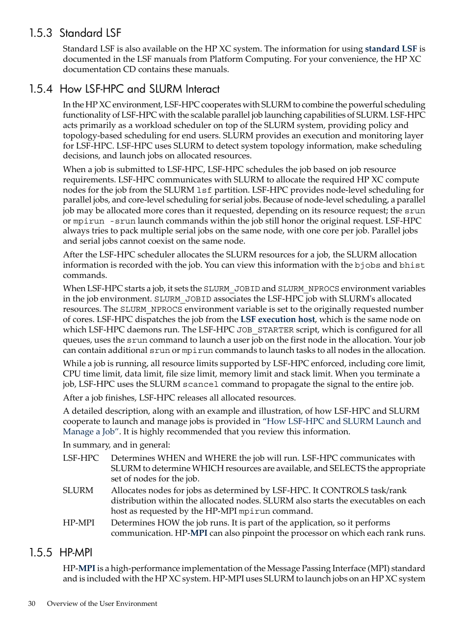 3 standard lsf, 4 how lsf-hpc and slurm interact, 5 hp-mpi | HP XC System 3.x Software User Manual | Page 30 / 145