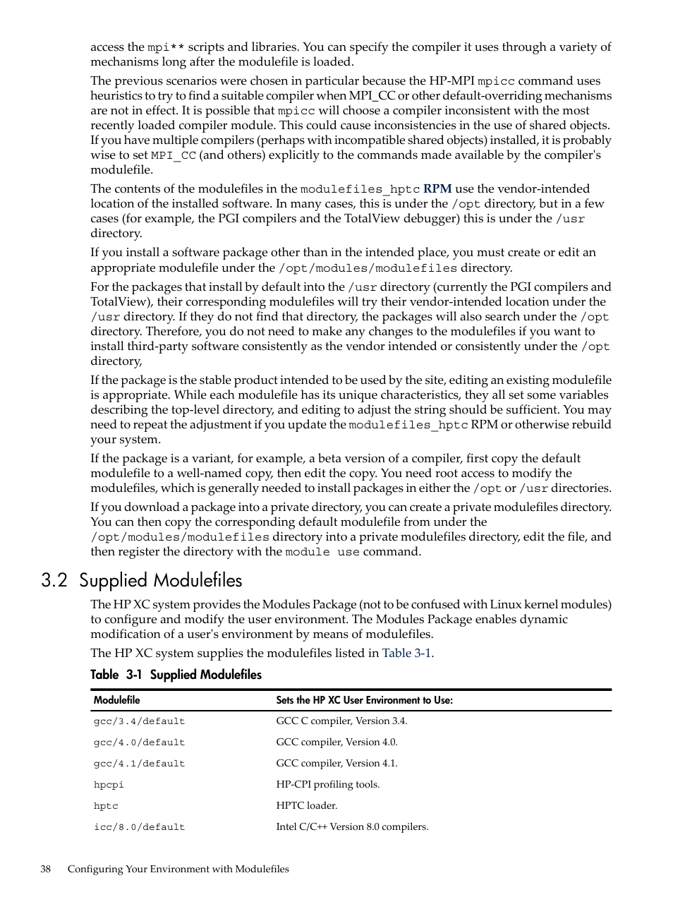 2 supplied modulefiles, Supplied modulefiles | HP XC System 3.x Software User Manual | Page 38 / 145