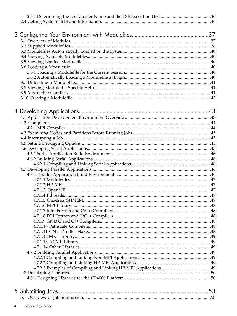 3 configuring your environment with modulefiles, 4 developing applications, 5 submitting jobs | HP XC System 3.x Software User Manual | Page 4 / 145