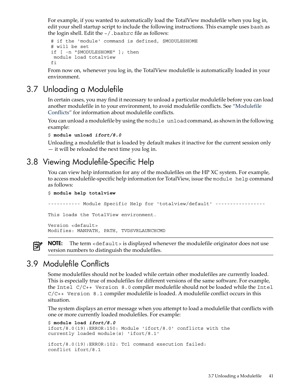 7 unloading a modulefile, 8 viewing modulefile-specific help, 9 modulefile conflicts | Viewing modulefile-specific help | HP XC System 3.x Software User Manual | Page 41 / 145