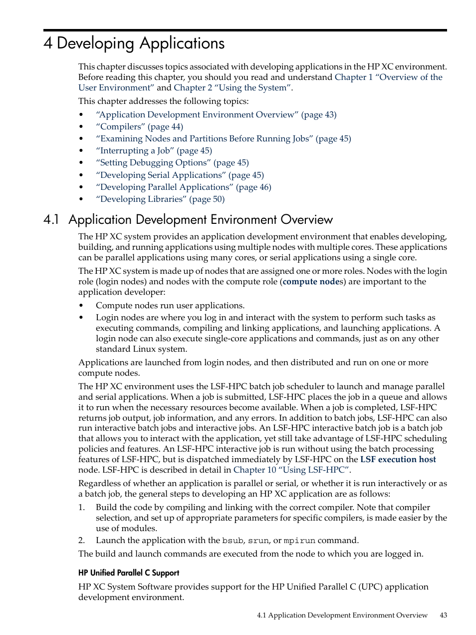 4 developing applications, 1 application development environment overview | HP XC System 3.x Software User Manual | Page 43 / 145