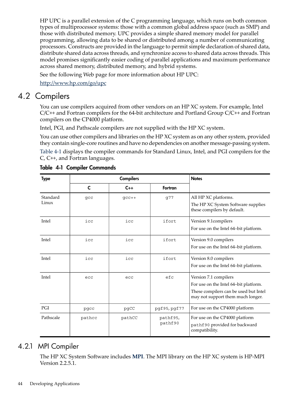 2 compilers, 1 mpi compiler, Compiler commands | HP XC System 3.x Software User Manual | Page 44 / 145