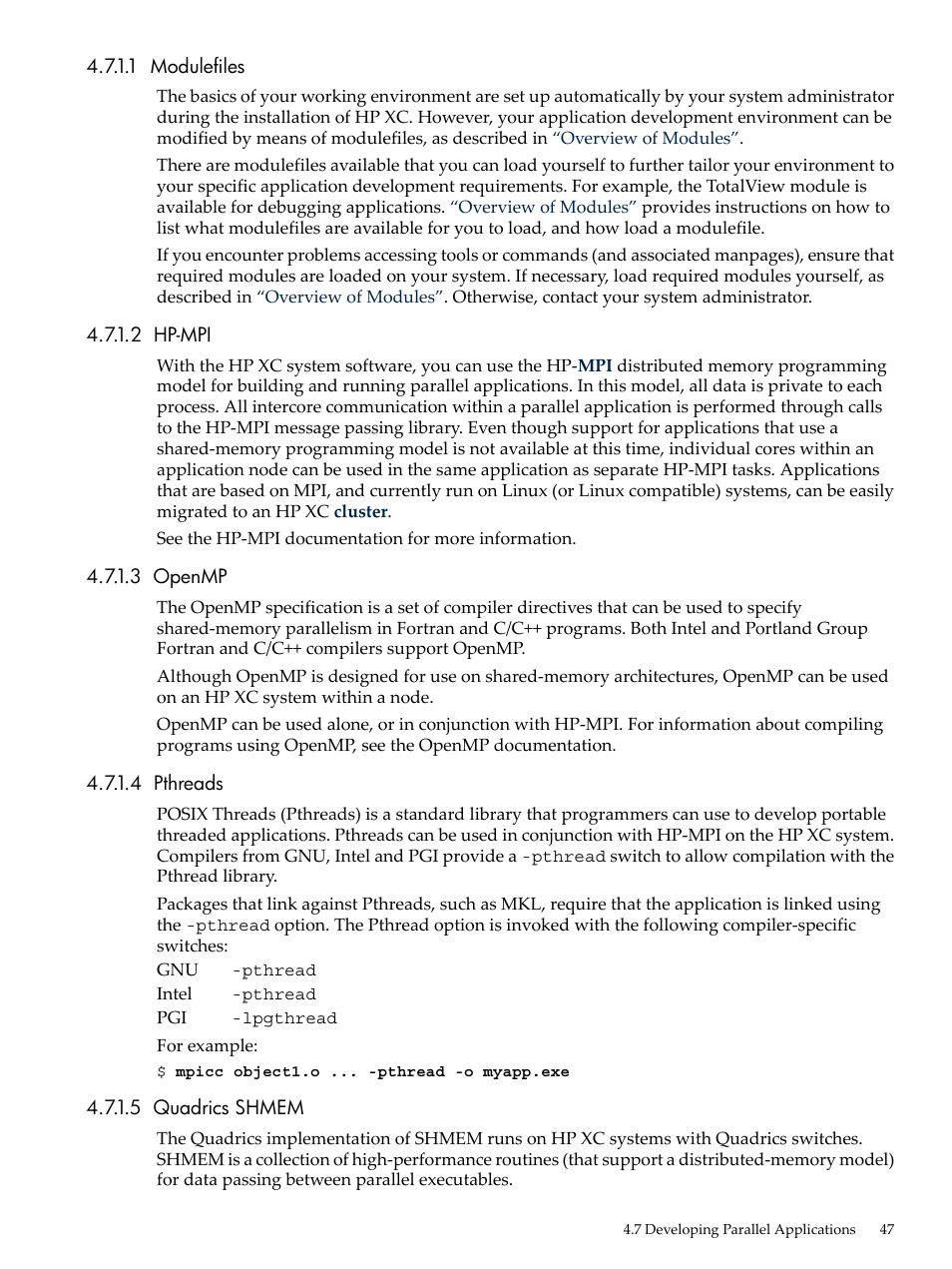 1 modulefiles, 2 hp-mpi, 3 openmp | 4 pthreads, 5 quadrics shmem | HP XC System 3.x Software User Manual | Page 47 / 145