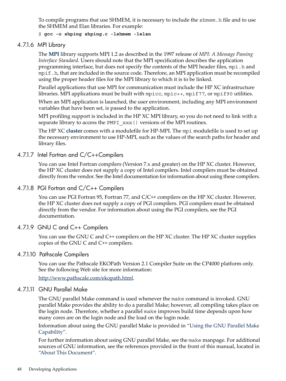 6 mpi library, 7 intel fortran and c/c++compilers, 8 pgi fortran and c/c++ compilers | 9 gnu c and c++ compilers, 10 pathscale compilers, 11 gnu parallel make | HP XC System 3.x Software User Manual | Page 48 / 145