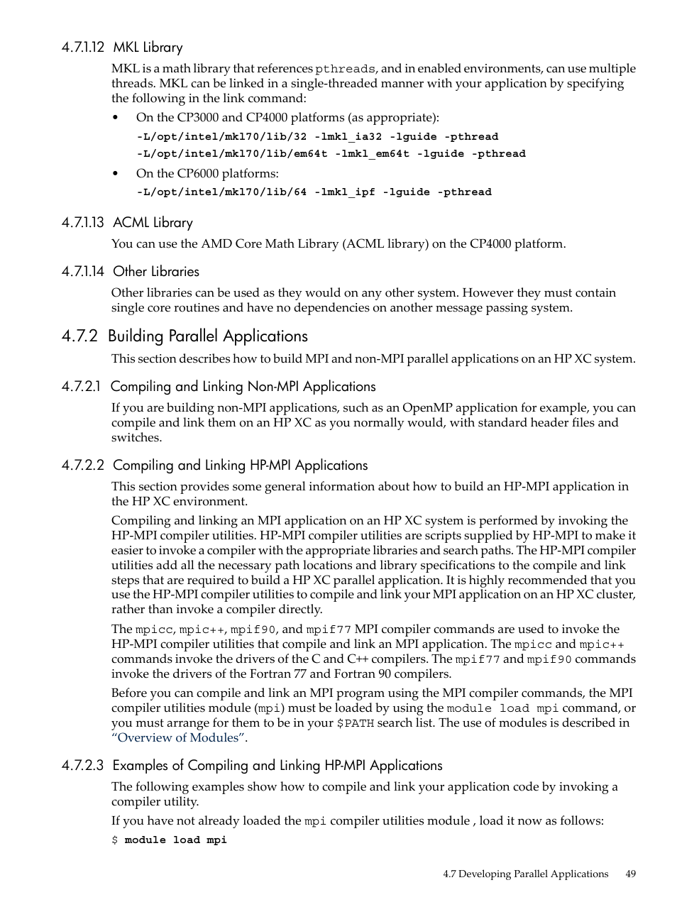 12 mkl library, 13 acml library, 14 other libraries | 2 building parallel applications, 1 compiling and linking non-mpi applications, 2 compiling and linking hp-mpi applications | HP XC System 3.x Software User Manual | Page 49 / 145