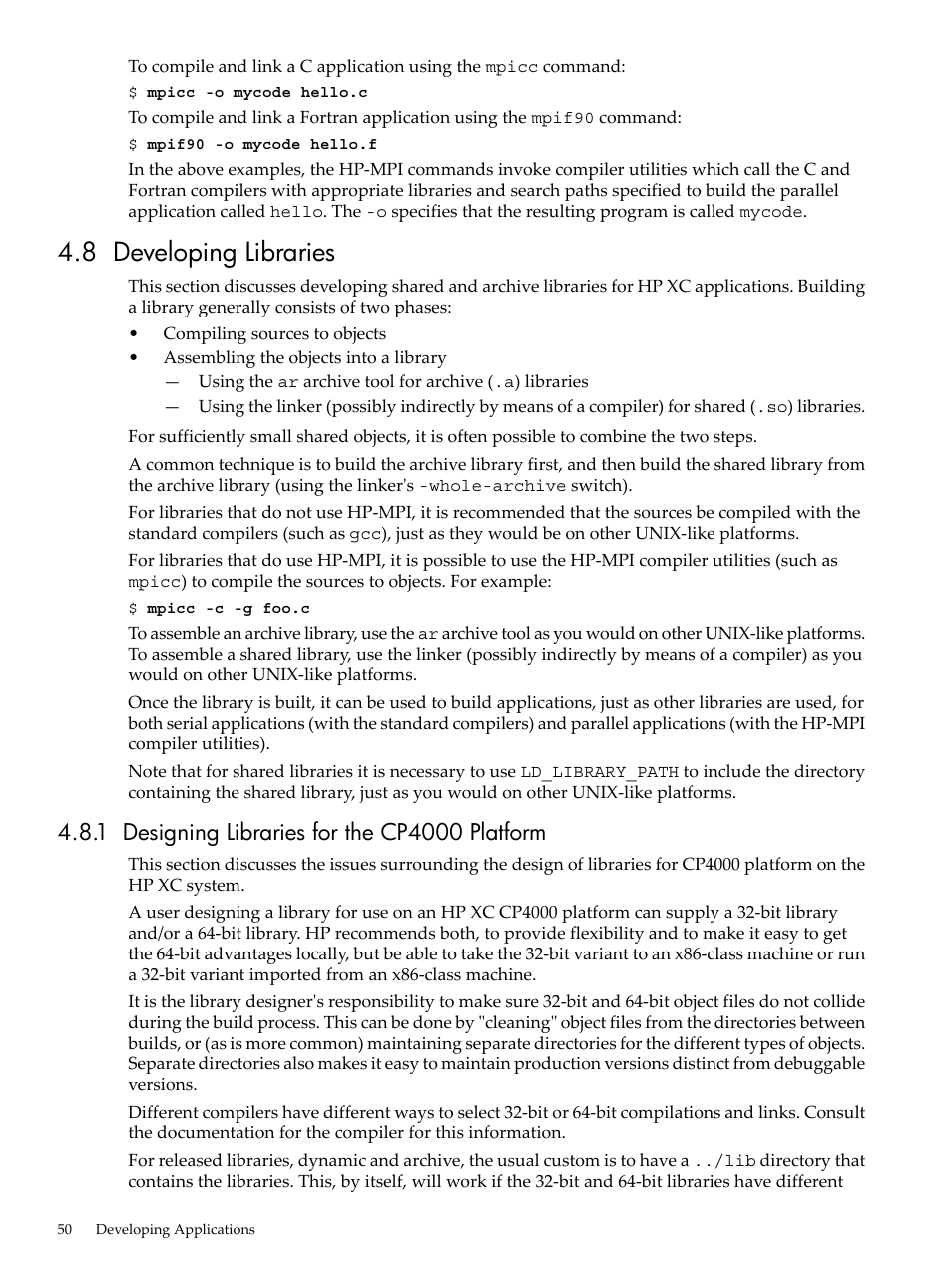 8 developing libraries, 1 designing libraries for the cp4000 platform | HP XC System 3.x Software User Manual | Page 50 / 145