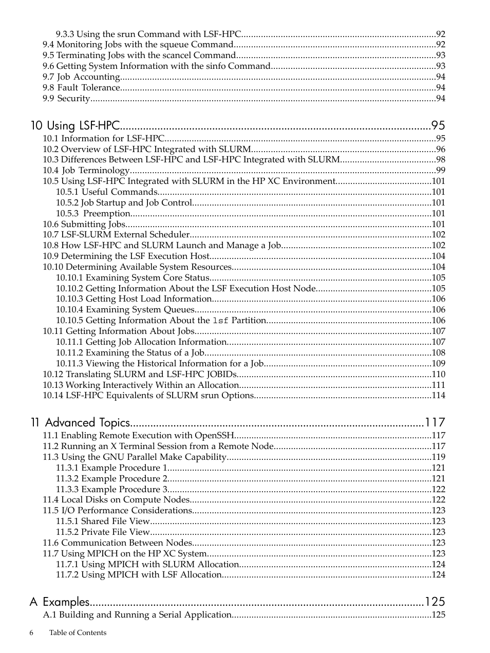 10 using lsf-hpc, 11 advanced topics, A examples | HP XC System 3.x Software User Manual | Page 6 / 145