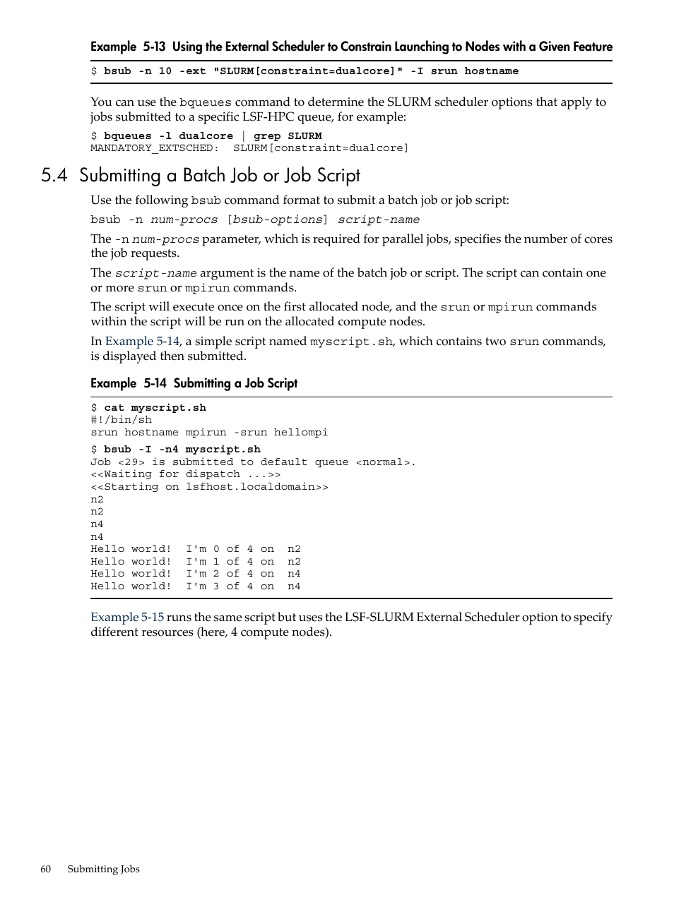 4 submitting a batch job or job script, Submitting a job script, Example 5-13 | HP XC System 3.x Software User Manual | Page 60 / 145