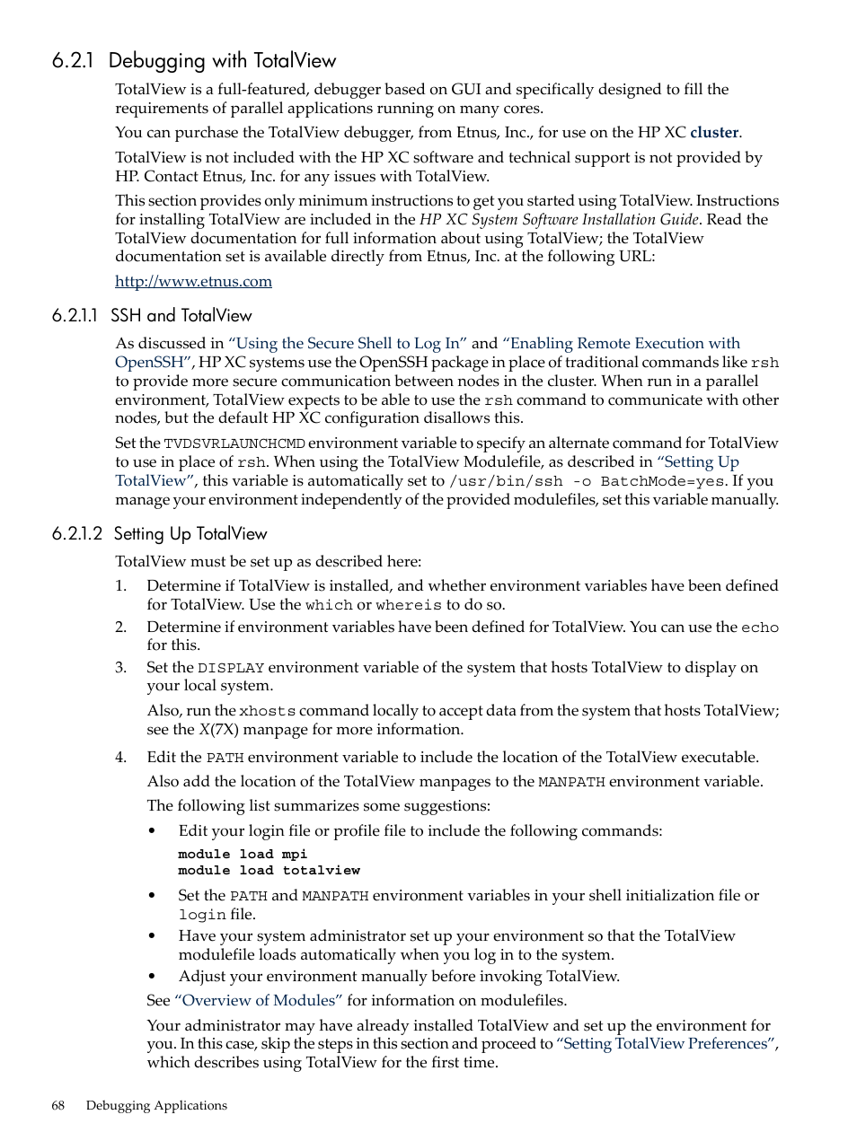 1 debugging with totalview, 1 ssh and totalview, 2 setting up totalview | 1 ssh and totalview 6.2.1.2 setting up totalview, Debugging with, Totalview | HP XC System 3.x Software User Manual | Page 68 / 145