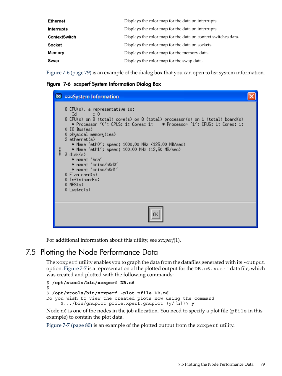 5 plotting the node performance data, Xcxperf system information dialog box | HP XC System 3.x Software User Manual | Page 79 / 145