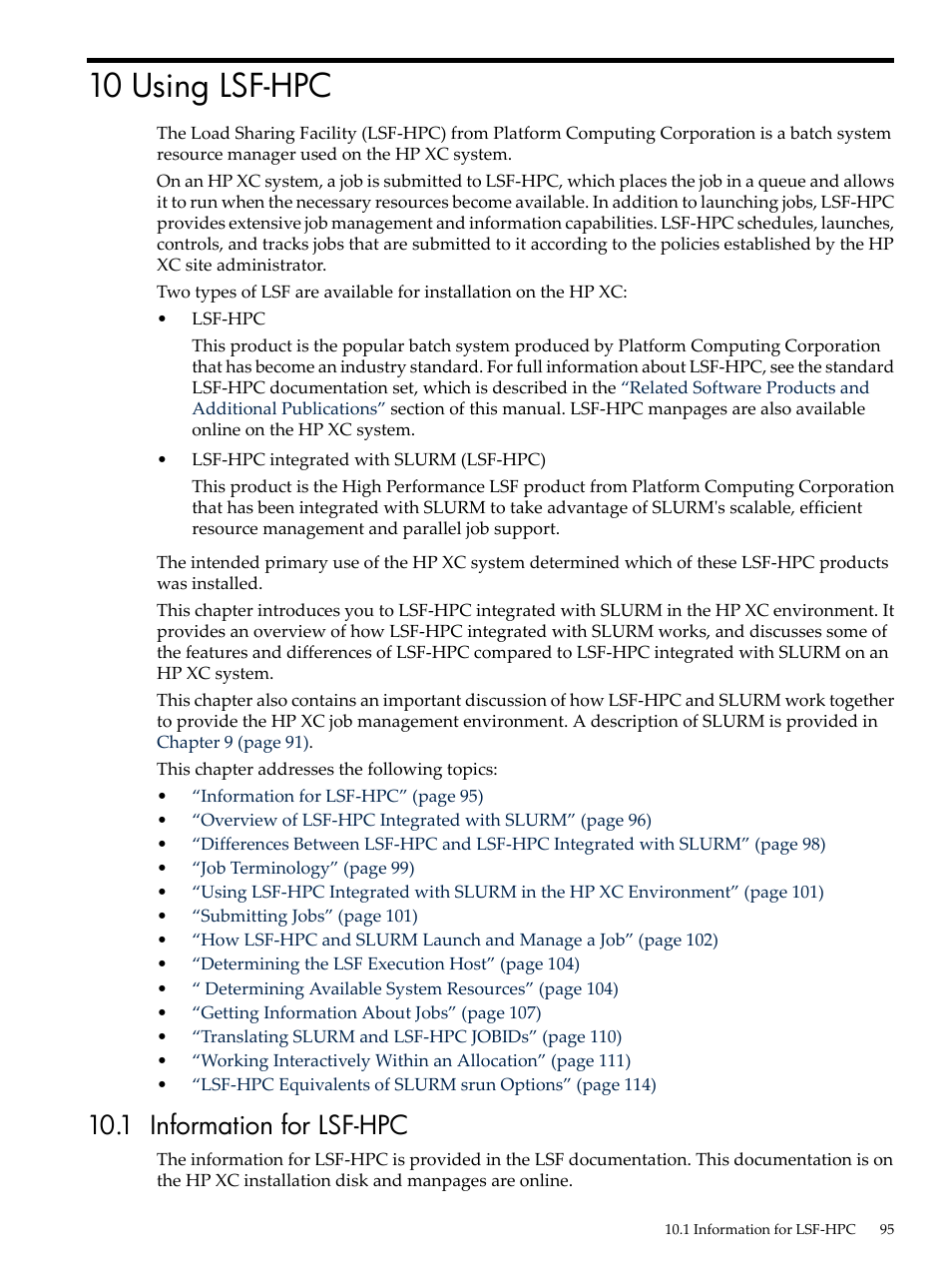 10 using lsf-hpc, 1 information for lsf-hpc, Chapter 10 “using lsf-hpc | Using lsf-hpc, Chapter 10 | HP XC System 3.x Software User Manual | Page 95 / 145