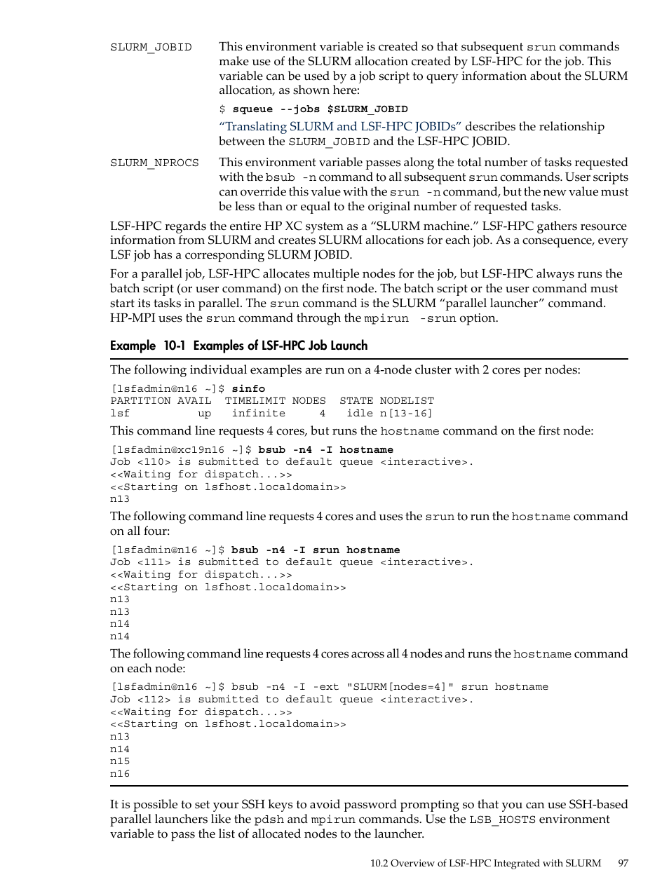 Examples of lsf-hpc job launch | HP XC System 3.x Software User Manual | Page 97 / 145