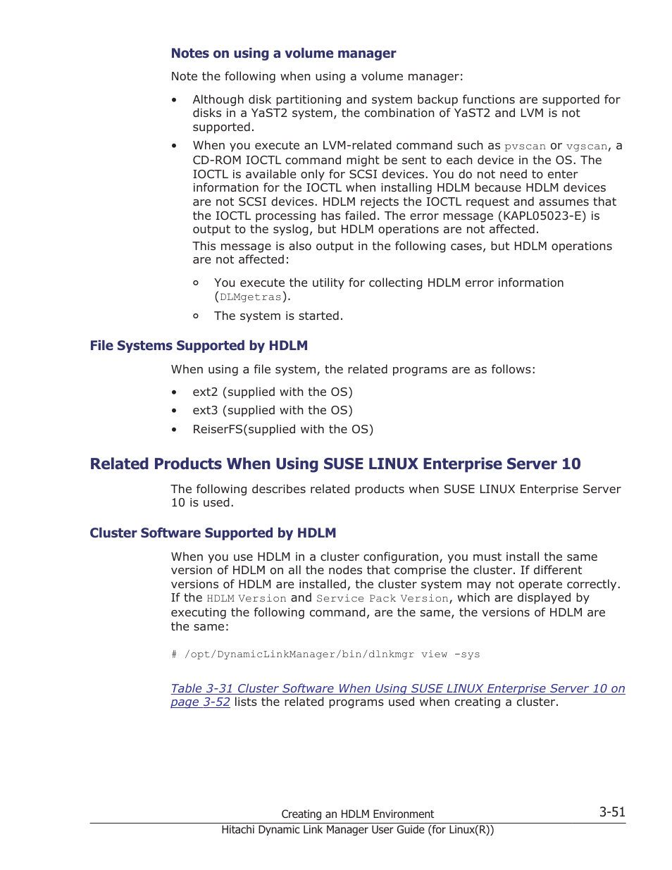 File systems supported by hdlm -51, Cluster software supported by hdlm -51, Cluster | Related products when using, Related products when using suse linux | HP XP P9500 Storage User Manual | Page 119 / 640