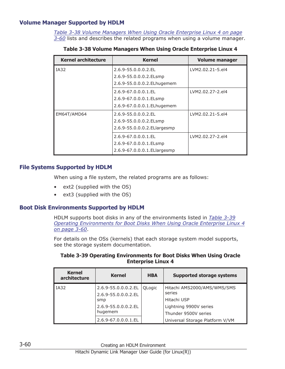 Volume manager supported by hdlm -60, File systems supported by hdlm -60, Boot disk environments supported by hdlm -60 | HP XP P9500 Storage User Manual | Page 128 / 640