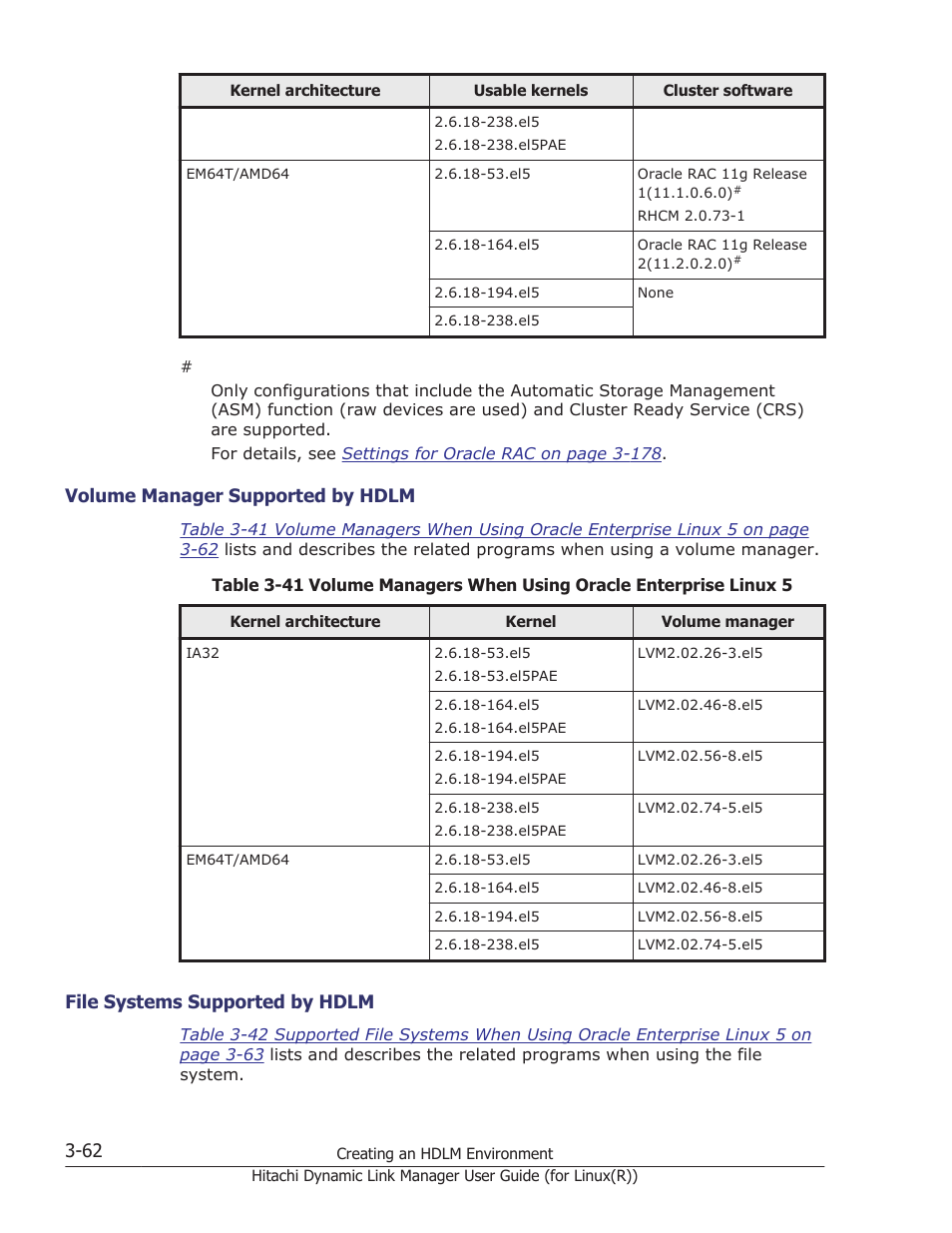 Volume manager supported by hdlm -62, File systems supported by hdlm -62 | HP XP P9500 Storage User Manual | Page 130 / 640