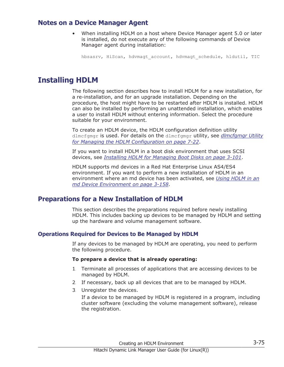 Notes on a device manager agent, Installing hdlm, Preparations for a new installation of hdlm | Notes on a device manager agent -75, Installing hdlm -75, Preparations for a new installation of hdlm -75 | HP XP P9500 Storage User Manual | Page 143 / 640
