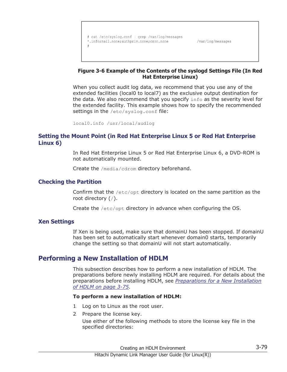 Performing a new installation of hdlm, Linux 6) -79, Checking the partition -79 | Xen settings -79, Performing a new installation of hdlm -79 | HP XP P9500 Storage User Manual | Page 147 / 640