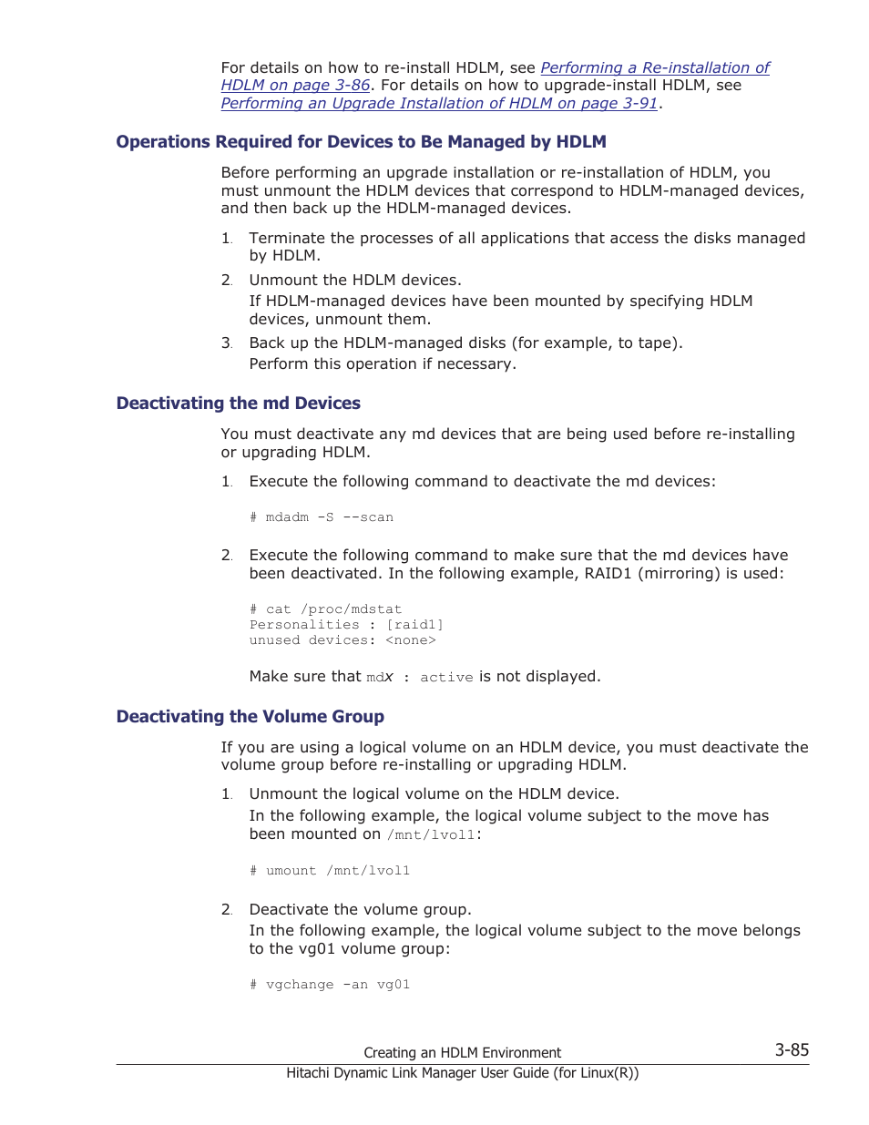 Deactivating the md devices -85, Deactivating the volume group -85 | HP XP P9500 Storage User Manual | Page 153 / 640