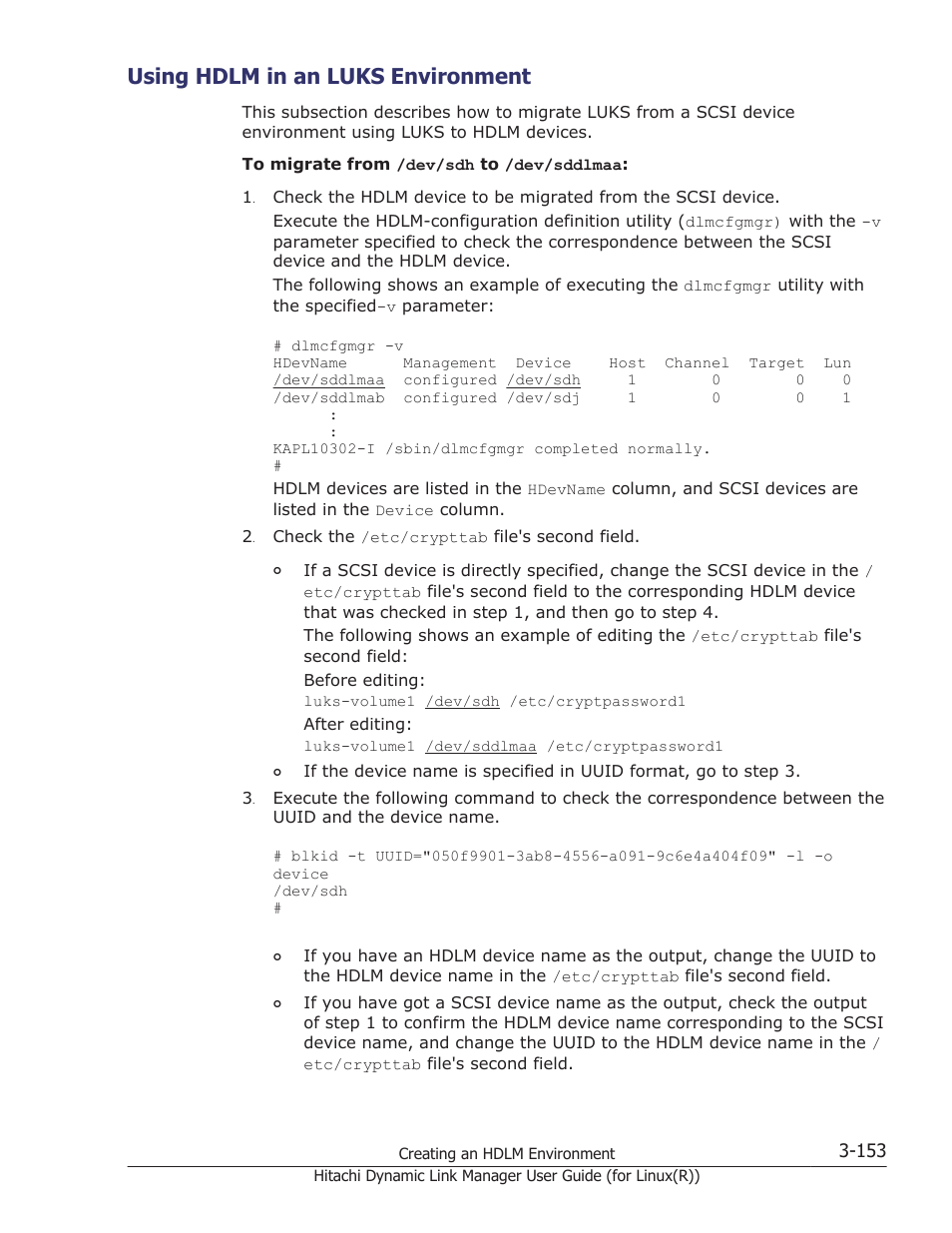 Using hdlm in an luks environment, Using hdlm in an luks environment -153 | HP XP P9500 Storage User Manual | Page 221 / 640